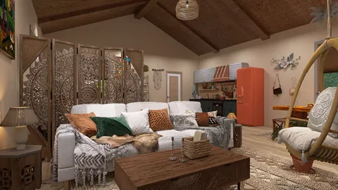 cozy living room with an eclectic design featuring a wooden screen, a comfortable sofa arrangement, a colorful vintage refrigerator, and decorative elements enhancing the bohemian style, showcasing interior decor with Homestyler's real-time 3D rendering feature.