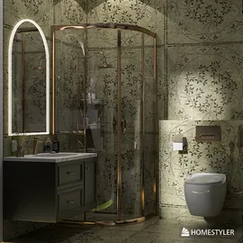 luxurious bathroom design featuring elegant shower enclosure and modern fixtures using smart furniture arrangement for optimized space in a stylish interior decor theme; enabled by Homestyler's real-time 3D rendering capabilities.