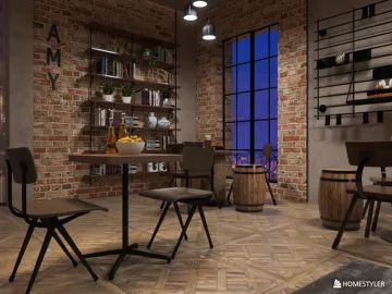cozy dining area featuring a wooden table and minimalist chairs, designed in an industrial style with exposed brick walls, showcasing a modern interior decor concept utilizing Homestyler's real-time 3D rendering feature.