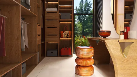 modern dressing room showcasing smart furniture arrangement with wooden accents and natural light, optimizing space for interior decor using Homestyler's real-time 3D rendering feature.