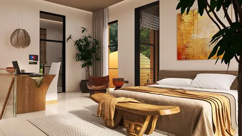 modern bedroom interior design featuring a cozy bed layout with an organic wooden coffee table and minimalist decor, utilizing Homestyler's real-time 3D rendering for visualization.