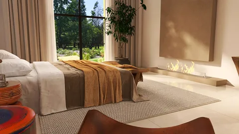 modern bedroom design showcasing a cozy atmosphere with natural light streaming in, featuring a layered textile arrangement on the bed and a minimalist decor style, highlighting the interior decor aspect of Homestyler's real-time 3D rendering feature.