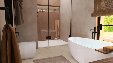 modern bathroom featuring a freestanding bathtub and glass shower, designed with a minimalist style to enhance relaxation, utilizing Homestyler's real-time 3D rendering for accurate design preview.