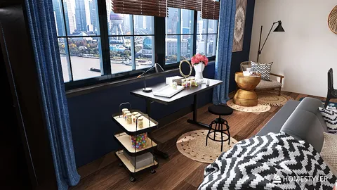 home office space featuring a modern desk arrangement with a stylish chair, showcasing a blend of contemporary design and functional workspace, incorporating Homestyler's real-time 3D rendering for instant design visualization.