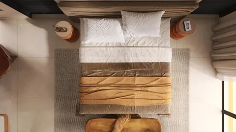 bedroom layout featuring a neatly arranged bed with decorative linens, showcasing a warm color palette, designed using Homestyler's real-time 3D rendering feature for a realistic interior design preview.