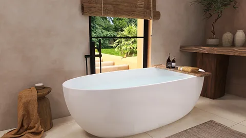 Bathtub in a modern bathroom design featuring natural materials with a focus on relaxation and comfort, utilizing Homestyler's real-time 3D rendering feature.