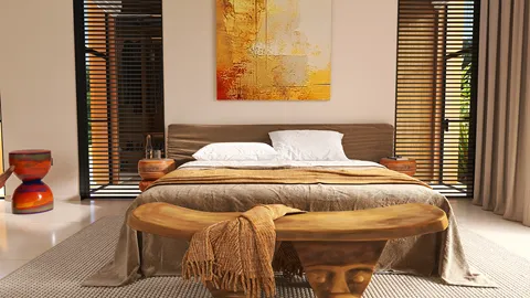 modern bedroom featuring a wooden bed with decorative pillows, showcasing a minimalist design style that enhances relaxation, utilizing Homestyler's real-time 3D rendering feature for design proposal presentation.