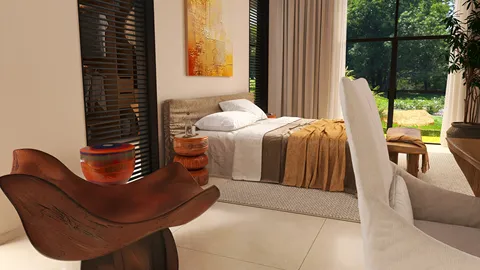 cozy bedroom decor featuring a modern bed setup with warm textiles, showcasing a minimalist and serene design style, utilizing Homestyler's real-time 3D rendering feature for instant visualization.