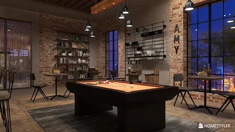 pool table in a rustic lounge area oriented for socializing and relaxation with an industrial style, showcasing an inviting atmosphere for entertainment using Homestyler's real-time 3D rendering feature.