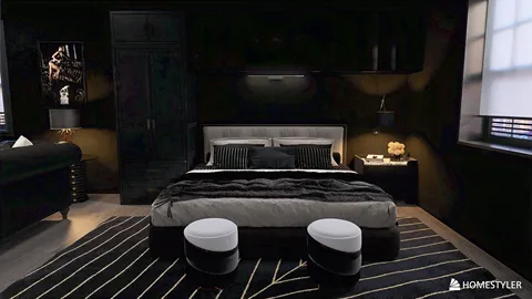 A modern bedroom featuring a sleek black color scheme, showcasing realistic 3D rendering of the space with Homestyler, highlighting smart furniture arrangement for optimal space utilization.