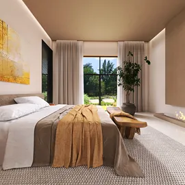 modern bedroom design with a cozy atmosphere using warm colors and natural materials showcasing real-time 3D rendering functionality from Homestyler to visualize the space.