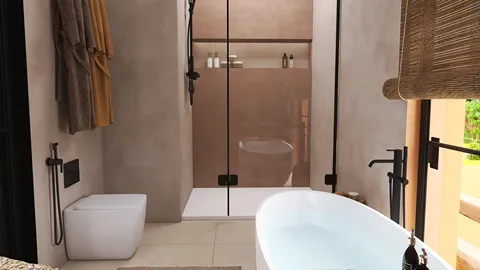 modern bathroom featuring a freestanding tub and walk-in shower, designed with a minimalist style for a serene atmosphere, utilizing Homestyler's real-time 3D rendering for an accurate preview.