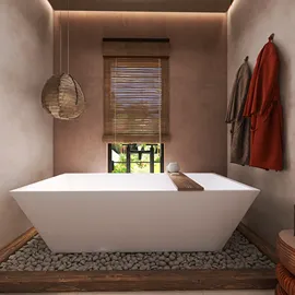 modern freestanding bathtub installation showcasing a minimalist design style in a serene bathroom space; featuring Homestyler's real-time 3D rendering for effective design proposals