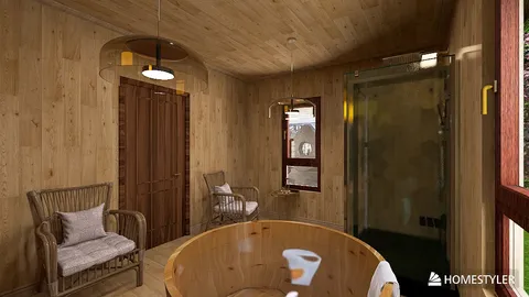 wooden bathroom with a bathtub and rustic design showcasing smart furniture arrangement for optimal space usage with Homestyler's real-time 3D rendering feature.