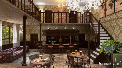 luxurious bar interior featuring antique furniture and elegant chandeliers, designed using Homestyler for optimal space utilization and classic aesthetics.