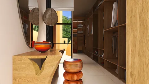 Stylish hallway with modern storage solutions and vibrant decorative elements, showcasing a contemporary interior design concept using Homestyler's real-time 3D rendering feature.