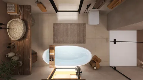 modern bathroom design showcasing a freestanding oval bathtub and natural materials, featuring real-time 3D rendering for enhanced visualization.