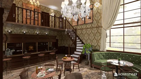 cozy bar area showcasing elegant furniture arrangement in vintage style with a focus on interior decor, featuring Homestyler's real-time 3D rendering capability for a quick design preview.