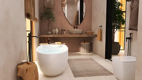Modern bathroom featuring a freestanding bathtub and a natural wood shelf with decorative items, designed in a minimalist style to create a serene atmosphere, utilizing Homestyler's real-time 3D rendering for quick previews.