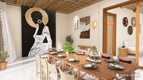 dining room with artistic wall decoration featuring a silhouette of a woman, showcasing modern and earthy design style, ideal for interior decor inspiration using Homestyler's real-time 3D rendering feature.