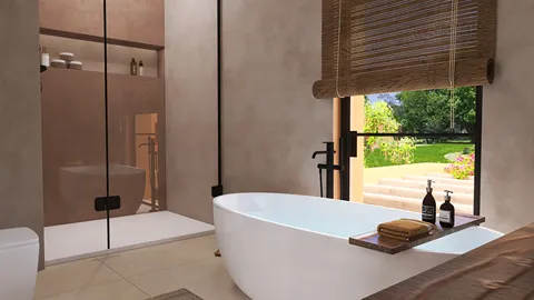 modern bathtub design with a relaxing ambiance in a contemporary bathroom space featuring natural lighting and a view of the garden, utilizing Homestyler's real-time 3D rendering for effective design proposals