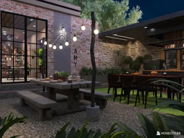 Outdoor dining area featuring a rustic wooden table and string lights, styled for a cozy and inviting atmosphere, perfect for entertaining guests using Homestyler's real-time 3D rendering.