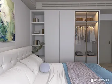 Modern bedroom design featuring a sleek bed and organized closet space with open shelving, showcasing a minimalist style that enhances functionality and comfort, utilizing Homestyler's real-time 3D rendering feature.