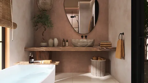 Modern bathroom featuring a wooden vanity with a round mirror, styled in neutral tones, designed for a serene space, utilizing Homestyler's real-time 3D rendering.