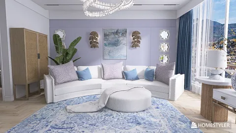 Modern sectional sofa arrangement in a stylish living room with a blue and white rug, showcasing elegant decor and natural lighting, highlighting Homestyler's real-time 3D rendering feature.