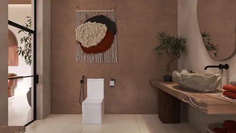 modern bathroom featuring a minimalist toilet design and a stylish wooden vanity integrated with unique wall art, showcasing contemporary interior decor through Homestyler's real-time 3D rendering feature.