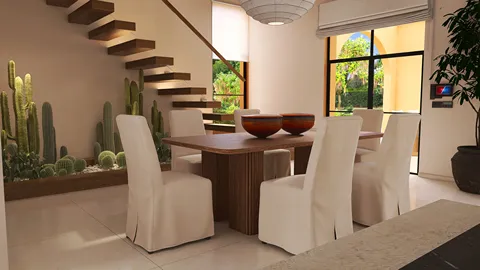 dining room layout featuring a wooden table and upholstered chairs, showcasing modern interior design style with natural elements, utilizing Homestyler's real-time 3D rendering feature.