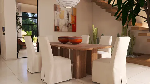 dining area with wooden table and white chairs styled in modern aesthetic featuring a large pendant light and decorative plants, showcasing interior design optimization with Homestyler's real-time 3D rendering