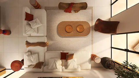 Modern living room furniture arrangement with a cozy vibe in a minimalist style highlighting spatial value using Homestyler's real-time 3D rendering feature.