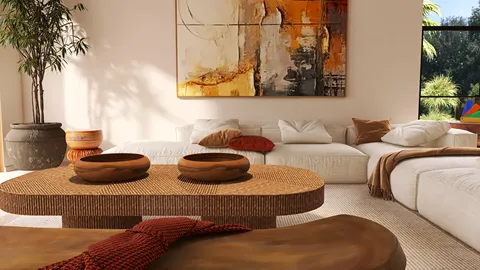 modern living room layout featuring a cozy seating arrangement with natural textures and neutral colors, showcasing a contemporary art piece on the wall, using Homestyler's real-time 3D rendering feature for immersive design preview.