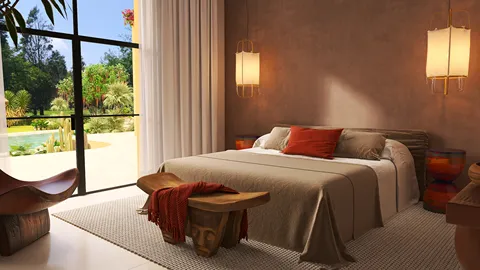 Stylish bedroom featuring a large bed and natural materials, designed in a modern rustic style to enhance comfort and tranquility, utilizing Homestyler's real-time 3D rendering feature.