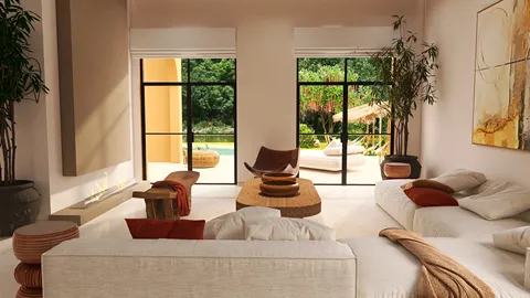 Modern living room with large windows showcasing a garden view, featuring minimalist furniture arrangement, warm tones, and natural elements, designed using Homestyler's real-time 3D rendering.
