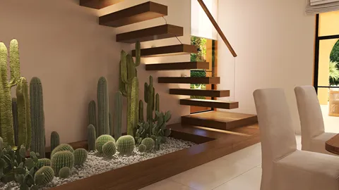 Modern staircase design featuring wooden steps and integrated indoor garden with cacti in a contemporary home setting, showcasing interior decor elements; leveraging Homestyler's real-time 3D rendering for quick design visualization.