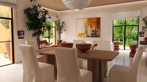 dining area with wooden table and white chairs, designed in a modern style, showcasing spaciousness and natural light, featuring Homestyler's real-time 3D rendering for design previews.