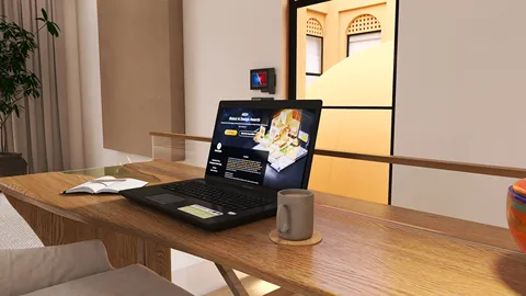 laptop on a wooden desk displaying a design proposal in a modern office style, showcasing interior decor optimization with real-time 3D rendering feature of Homestyler.