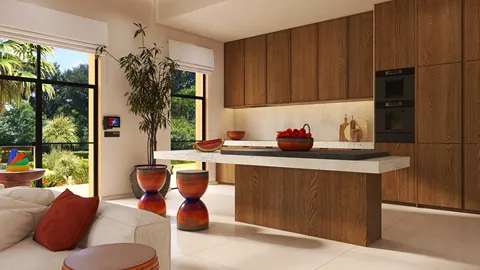 modern kitchen with wooden cabinets and stylish island featuring fruit bowl, showcasing contemporary interior decor using Homestyler's real-time 3D rendering for design previews.