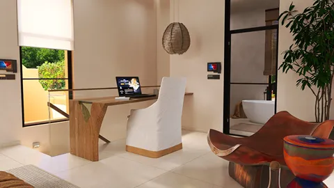 modern home office design featuring a wooden desk and chair, creating a functional workspace with a focus on natural light and minimalistic style, utilizing Homestyler's real-time 3D rendering feature