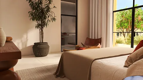 modern bedroom featuring a cozy layout with a plush bed and stylish armchair, showcasing a nature-inspired design, ideal for creating a tranquil ambiance; utilizing Homestyler's real-time 3D rendering for effective visual presentation.