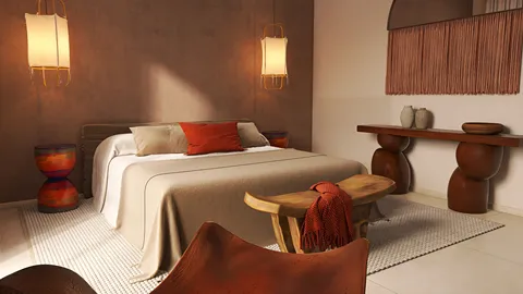 Cozy bedroom with a warm color palette featuring a bed arrangement and ambient lighting in a modern rustic style, showcasing interior decor with Homestyler's real-time 3D rendering capability.