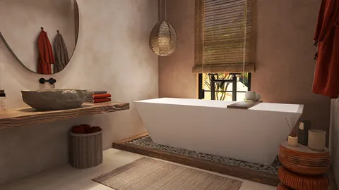 minimalist bathroom design featuring a freestanding tub and natural materials, enhancing tranquility and relaxation, utilizing Homestyler's real-time 3D rendering for accurate visual representation.