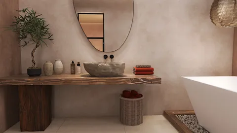 Luxury bathroom design featuring a natural wood vanity with a round vessel sink, minimalist decor, and an elegant contemporary style, showcasing the Homestyler real-time 3D rendering feature.