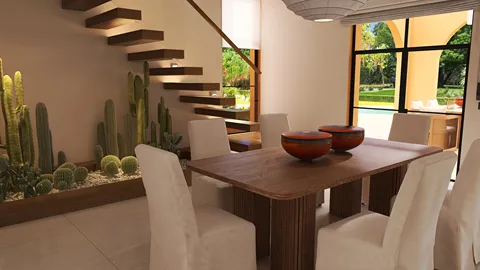 modern dining room featuring a wooden dining table with decorative bowls, enhanced by a backdrop of indoor cacti, showcasing a contemporary design style and optimized space arrangement using Homestyler's smart furniture layout feature.