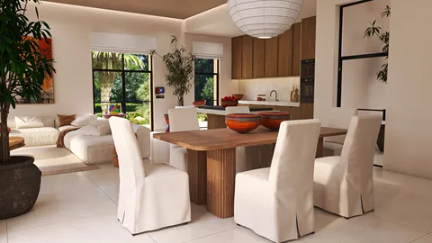 dining room with wooden table and white chairs, showcasing modern interior design and open space concept, featuring real-time 3D rendering by Homestyler