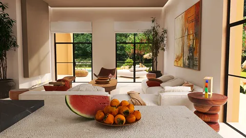 modern living room with natural light and greenery featuring a fruit bowl, showcasing a cozy and inviting atmosphere, utilizing Homestyler's real-time 3D rendering feature for interior decor.