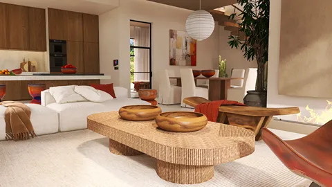 cozy living room with stylish furniture arrangement showcasing modern design elements using Homestyler's real-time 3D rendering feature