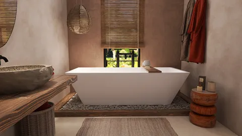 Modern freestanding bathtub placed in a naturalistic bathroom design featuring earthy tones and organic materials, showcasing a serene interior space optimized for relaxation, enhanced by Homestyler's real-time 3D rendering.